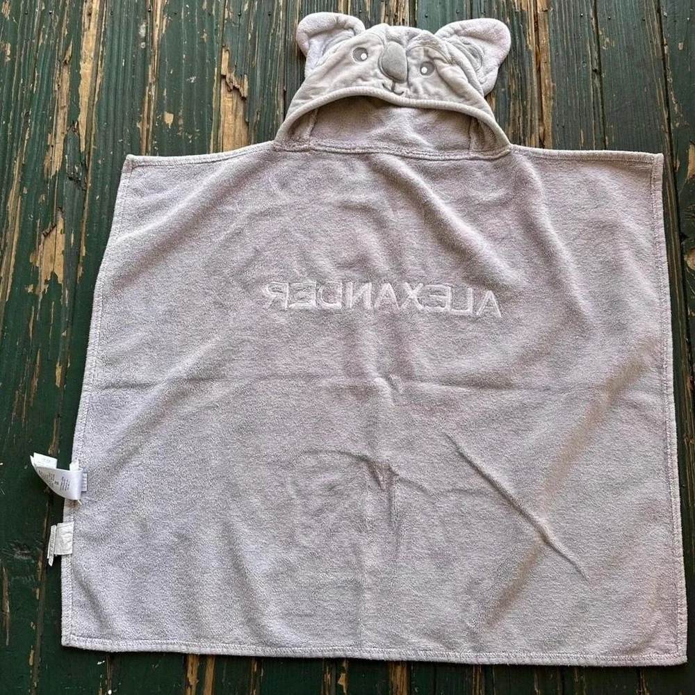 Pottery Barn Kids Koala Hooded Bath‎ Grey Cotton Towel Alexander Personalized